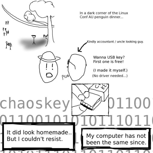 3 panel comic: 1. In a dark corner of the Linux Conf AU penguin dinner. 2. (Kindly accountant / uncle looking guy) Wanna USB key? First one is free! (I made it myself.) (No driver needed..) 3. It did look homemade, but I couldn't resist... My computer has not been the same since